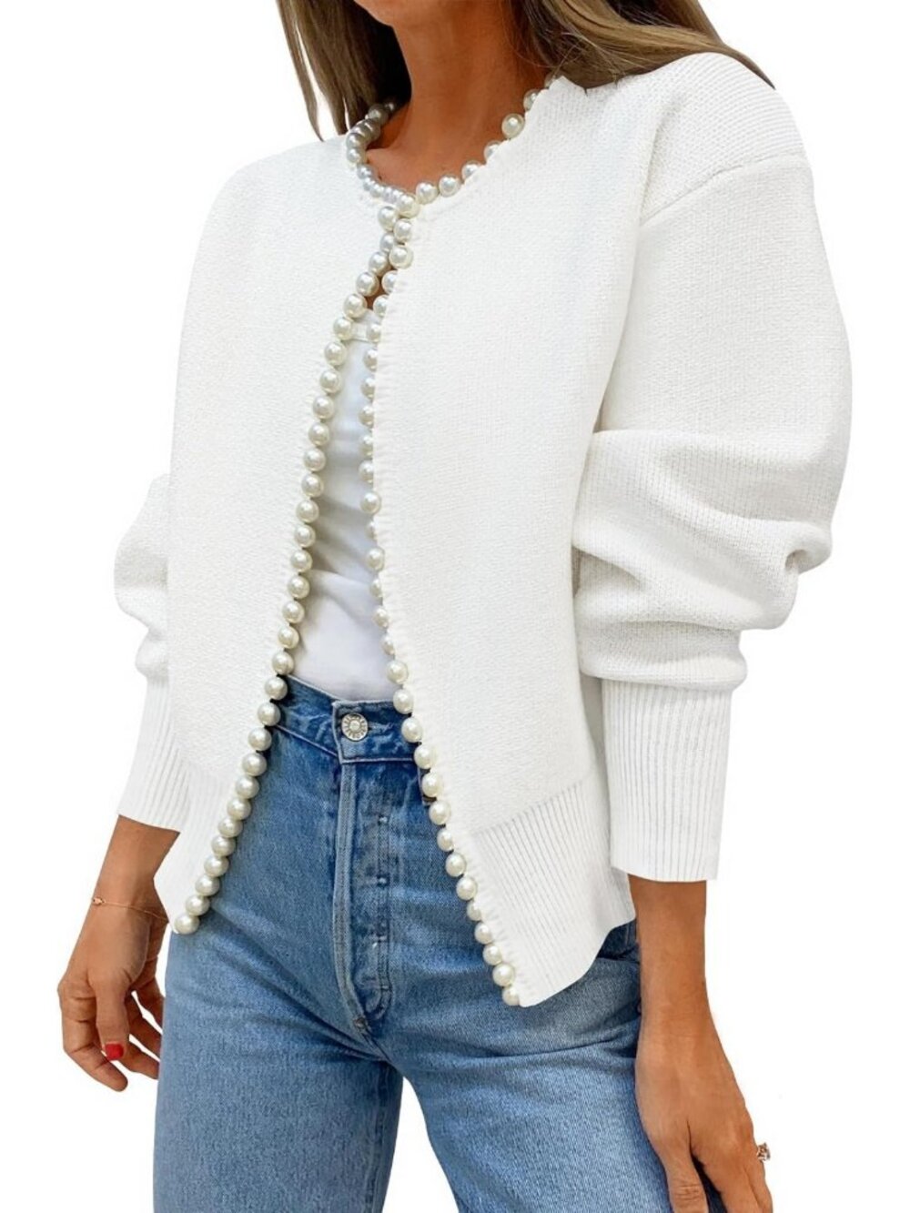Chic Open Front Cardigan Sweater with Pearl Trim for Women - Stylish Layering